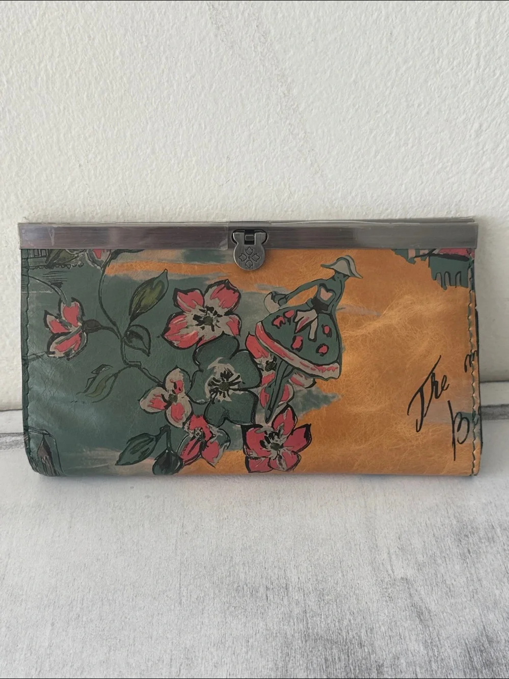 Patricia Nash Cauchy Leather Frame Floral Wallet RFID Beautiful Girl Tan Green B - Picture 4 of 8